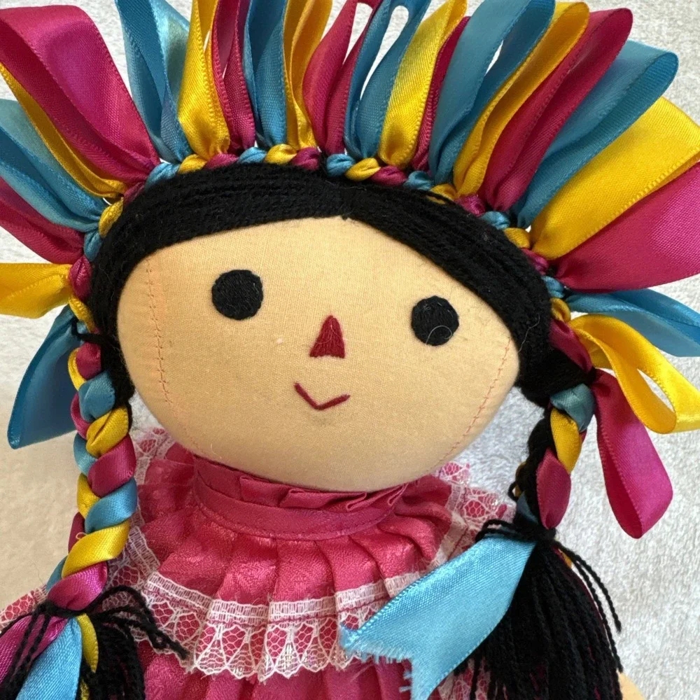 Handmade Folk Art Doll Mexican Inspired Textile Doll Colorful Ribbon‎ Hair Dress